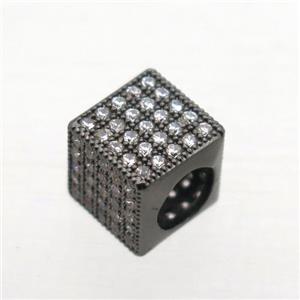 European Style copper beads paved zircon, cube, black plated, approx 8x8x8mm, 5mm hole