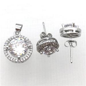 copper Stud Earring and Pendant pave zircon, platinum plated, approx 10mm dia, 13mm dia