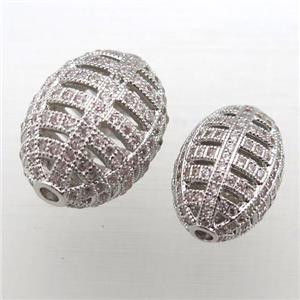 copper barrel beads pave zircon, hollow, platinum plated, approx 15x20mm