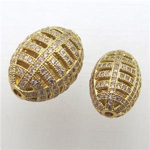 copper barrel beads pave zircon, hollow, gold plated, approx 12x16mm