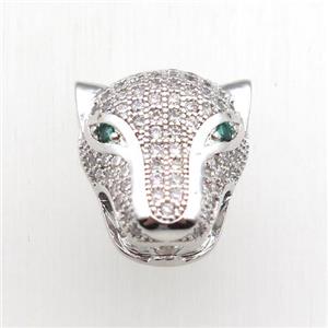 copper pantherhead beads paved zircon, platinum plated, approx 14-15mm