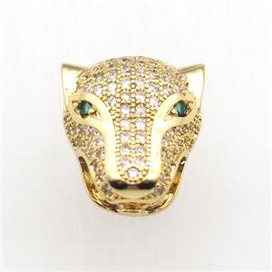 copper leopardhead beads paved zircon, gold plated, approx 14-15mm