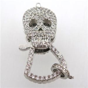 copper skull clasp pave zircon, platinum plated, approx 17-35mm