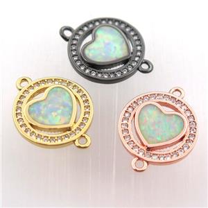 copper circle connector pave zircon with fire opal heart, mix color, approx 14mm dia