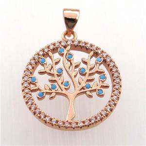 copper pendant paved zircon, tree of life, rose gold, approx 20mm dia