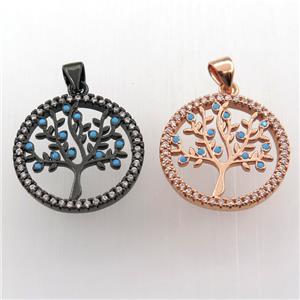 copper pendant paved zircon, tree of life, mix color, approx 20mm dia