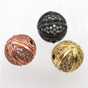 round copper beads pave zircon, mixed color, approx 10mm dia