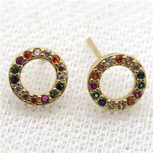 copper studs earring paved zircon, circle, gold plated, approx 9mm dia
