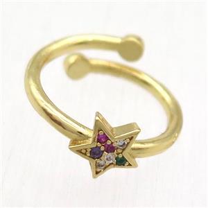 copper Ring paved zircon, resizable, star, gold plated, approx 8mm, 17mm dia