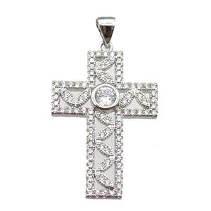 copper cross pendant paved zircon, platinum plated, approx 20-28mm