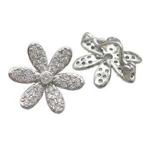 copper flower beads paved zircon, platinum plated, approx 16mm dia