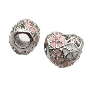 European Style copper heart beads, Enameling, platinum plated, approx 10-12mm, 5mm hole