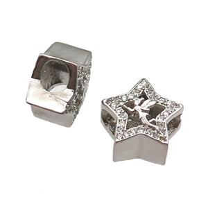 European Style copper star beads paved zircon, large hole, platinum plated, approx 10-12mm, 5mm hole