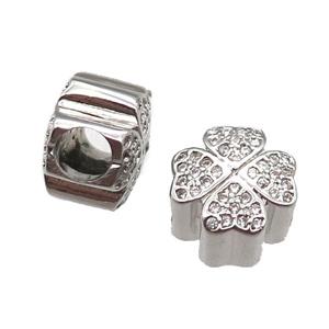 European Style copper clover beads paved zircon, platinum plated, approx 10-12mm, 5mm hole