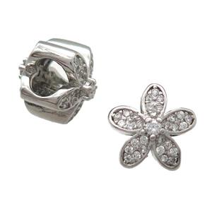 European Style copper flower beads paved zircon, platinum plated, approx 10-12mm, 5mm hole