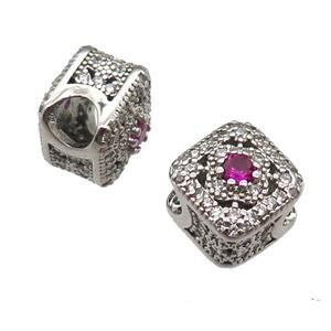 European Style copper square beads paved zircon, platinum plated, approx 10-12mm, 5mm hole