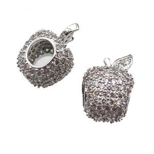 European Style copper apple beads paved zircon, platinum plated, approx 10-12mm, 5mm hole