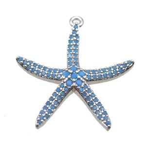 copper starfish pendant paved zircon, turq, platinum plated, approx 24mm
