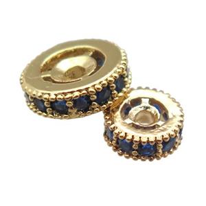 copper spacer beads paved blue zircon, heishi, gold plated, approx 10mm dia