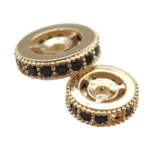 copper spacer beads paved black zircon, heishi, gold plated, approx 6mm dia
