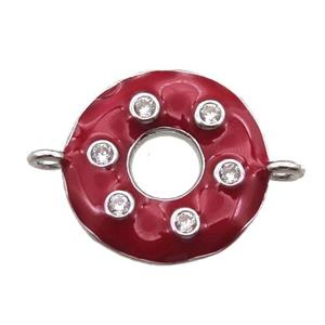 red enameling copper donut connector paved zircon, platinum plated, approx 15mm dia