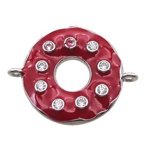 red enameling copper donut connector paved zircon, platinum plated, approx 18mm dia