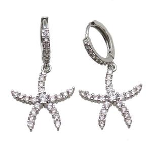copper Hoop Earrings paved zircon, starfish, platinum plated, approx 20mm, 14mm dia