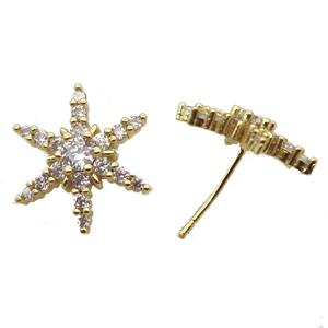 copper stud Earrings pave zircon, star, gold plated, approx 16mm dia