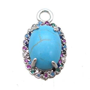 copper oval pendant paved zircon with turquoise, platinum plated, approx 12-18mm