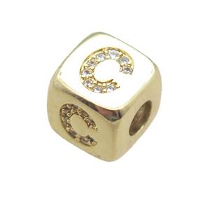copper letter-C beads paved zircon, cube, gold plated, approx 8.5mm, 4mm hole