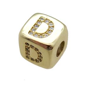 copper letter-D beads paved zircon, cube, gold plated, approx 8.5mm, 4mm hole