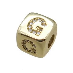 copper letter-G beads paved zircon, cube, gold plated, approx 8.5mm, 4mm hole