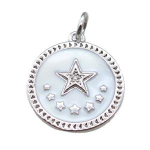 copper circle star pendant, white enameling, platinum plated, approx 16mm dia
