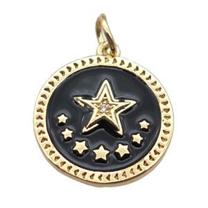 copper circle star pendant, black enameling, gold plated, approx 16mm dia