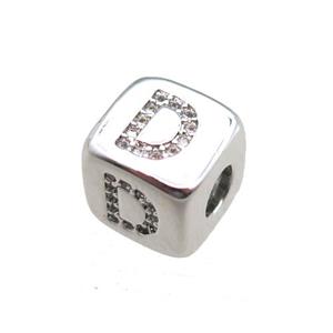 copper letter-D beads paved zircon, cube, platinum plated, approx 8.5mm, 4mm hole