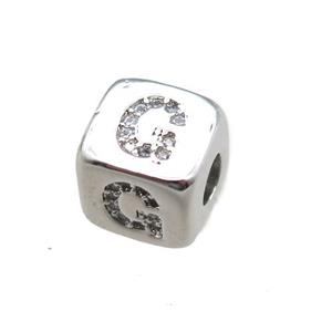 copper letter-G beads paved zircon, cube, platinum plated, approx 8.5mm, 4mm hole