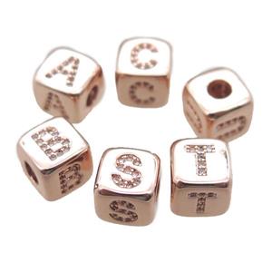 copper letter cube beads paved zircon, mixed alphabet, large hole, rose gold, approx 8.5mm, 4mm hole
