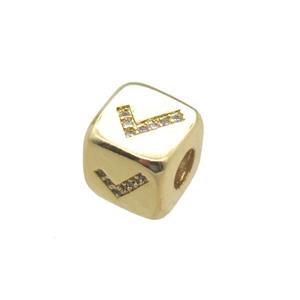 copper cube beads paved zircon, gold plated, approx 8.5mm, 4mm hole
