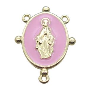 copper oval hanger bail with pink enameling virgin mary, gold plated, approx 12-17mm