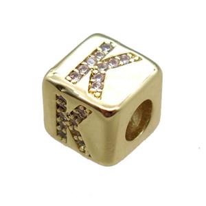 copper cube letter-K beads pave zircon, gold plated, approx 8x8mm