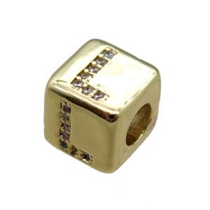 copper cube letter-L beads pave zircon, gold plated, approx 8x8mm