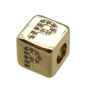 copper cube letter-P beads pave zircon, gold plated, approx 8x8mm