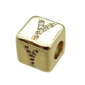 copper cube letter-Y beads pave zircon, gold plated, approx 8x8mm