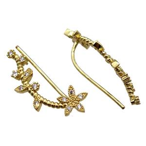 copper hook Earring paved zircon, flower, gold plated, approx 25mm length