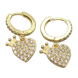 copper Hoop Earrings pave zircon with heart, gold plated, approx 11-14mm