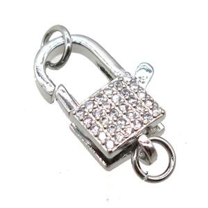 copper Lobster Clasp pave zircon, platinum plated, approx 12-16mm