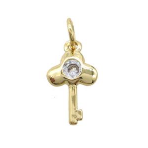 copper Key charm pendant pave zircon, gold plated, approx 7-13mm