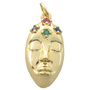 copper facemask pendant pave zircon, gold plated, approx 12-22mm