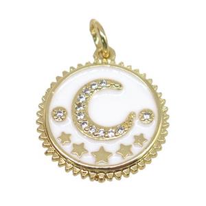 copper circle pendant pave zircon, white enamel, moon, gold plated, approx 16mm dia