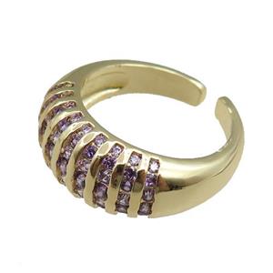 copper Rings pave purple zircon, adjustable, gold plated, approx 9.5mm, 20mm dia